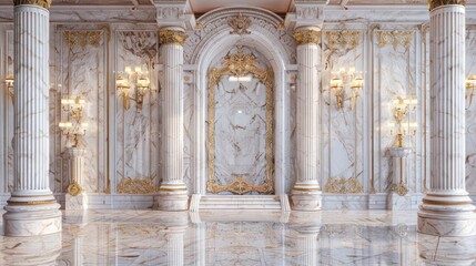 A white gold marble interior graces the royal palace, exuding regal opulence akin to the luxurious interiors found in golden palaces or castles. A backdrop that embodies luxury fantasy.
