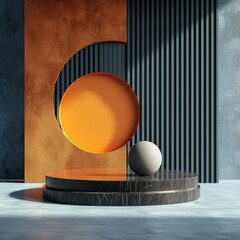 Amidst the outdoor building stands a sleek black podium, adorned with a vibrant orange and black sphere, symbolizing unity and strength on the ground below. Podium for Produkt presentation. 