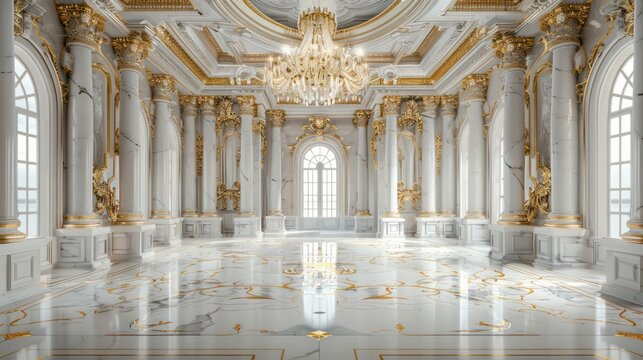 The interior of the royal palace boasts white gold marble, radiating regal opulence similar to the luxurious interiors of golden palaces or castles&mdash;a backdrop that epitomizes luxury fantasy.
