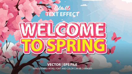 3D editable text effect spring welcome with beautiful pink cherry blossom trees. spring and autumn nuances in March, May and April