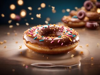 Yummy glazed doughnut with topping, cinematic food dessert photography, donut 