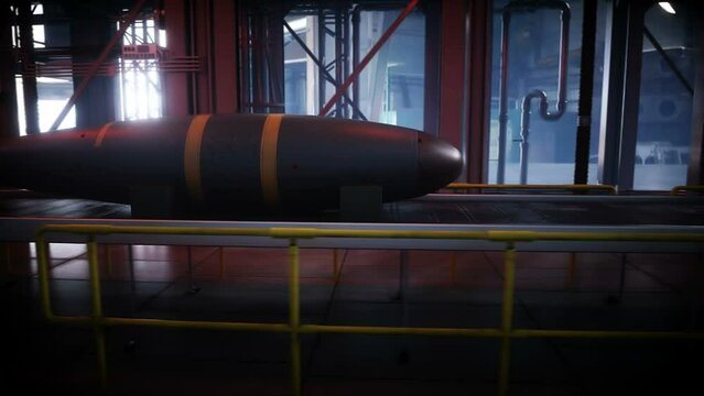 Atomic, nuclear bomb factory, production line. War concept, realistic 4k animation.