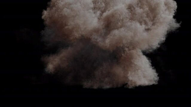 Big gas explosion in slow motion with debris bouncing, lingering smoke hanging in the air, 24p with alpha channel for transparency
