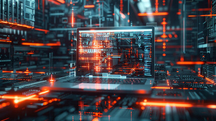 Obraz premium Create a captivating digital artwork showcasing the seamless integration of a laptop into an innovative technological backdrop