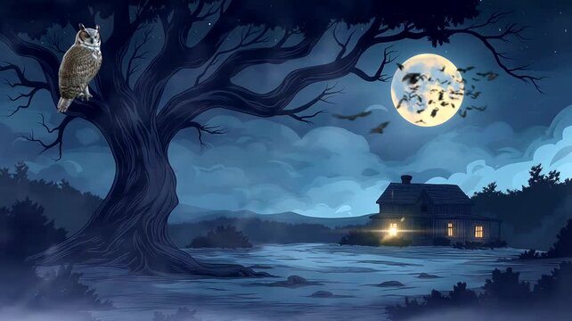 Scary night scene with owl and old house. Seamless looping time-lapse 4k video animation background