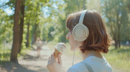 beautiful young woman with headphones eating ice cream in a beautiful park during the day in high resolution and quality
