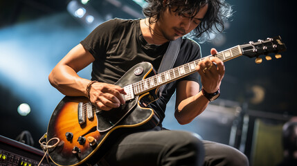 Musical Melody: Candid Photography Capturing Guitar Player's Performance, Emphasizing Guitar Body