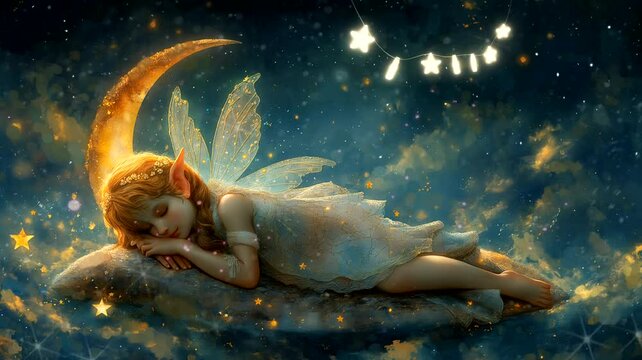 Beauty fairy sleeping on clouds with glowing stars decoration. Seamless looping time-lapse 4k video animation background