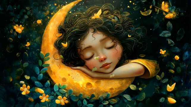 Little girl sleeping on crescent moon. Seamless looping time-lapse 4k video animation background
