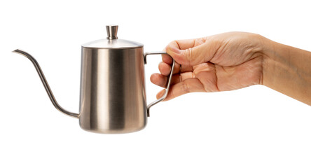 Hand holding Silver Mini Coffee Hand Drip Kettle,Hand pot coffee pot Hand brewed coffee set isolate...