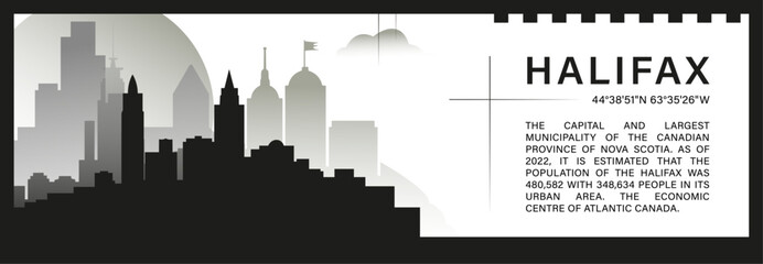 Halifax skyline vector banner, black and white minimalistic cityscape silhouette. Canada Nova Scotia province city horizontal graphic, travel infographic, monochrome layout for website