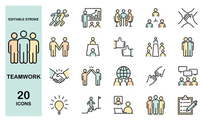 Business teamwork colorful icon set. Business team working together and human resources. Editable stroke.