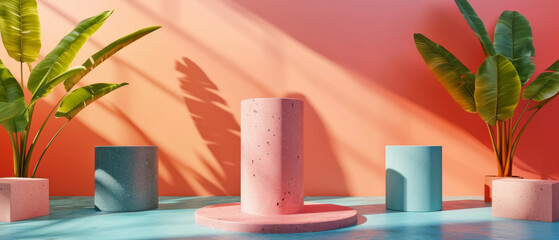 Nature meets art as a vibrant houseplant blooms beside a delicate pink vase, resting on a cool blue surface against a wall