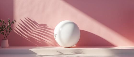 A delicate white ball rests atop a vibrant pink wall, surrounded by a vase of lush houseplants and an egg-shaped plant, creating a charming indoor oasis