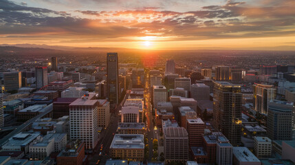 Aerial view of a bustling cityscape at sunset