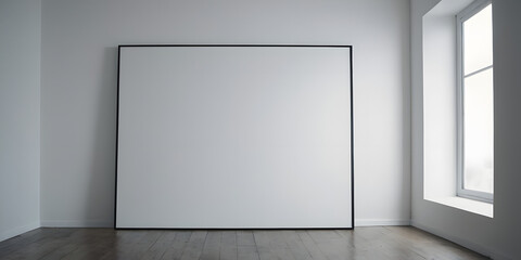 empty white room with blank canvas poster mockup on the white wall