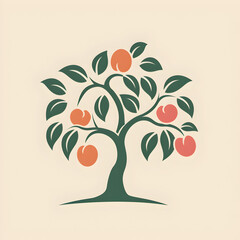 A logo illustration of a peach tree on beige background.