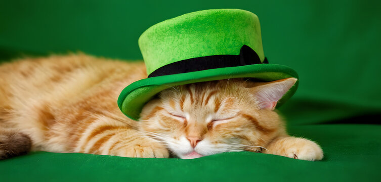cat sleping with green hat on green background studio