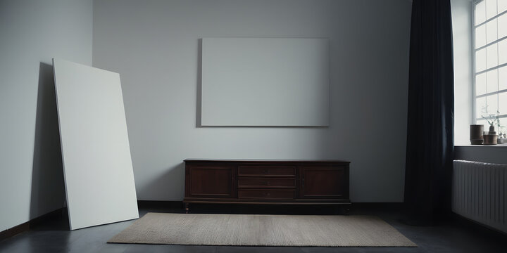 empty white room with blank canvas poster mockup on the white wall