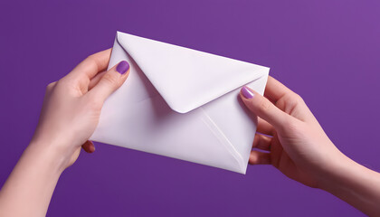 Fototapeta premium Close-up person holds with two hands a white envelope wedding invitation notice on a purple background, generative ai beautiful art 
