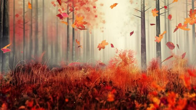 abstract autumn forest illustration with falling leaves. seamless looping overlay 4k virtual video animation background 