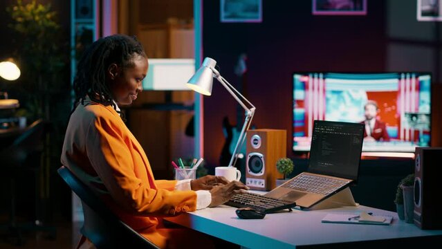 Database engineer student writing code for improving network or debugging server, using html script on terminal window. Girl learning programming language and infographics. Camera A.