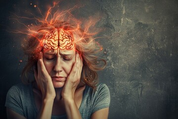 Fototapeta premium Young woman is suffering from a headache against a dark background. Studio shot