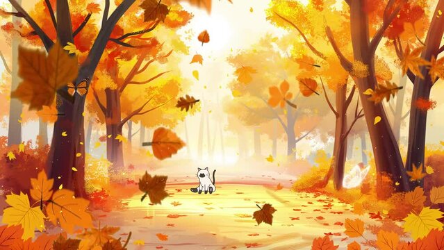 nature background illustration.  beautiful autumn landscape with yellow trees and sun. seamless looping overlay 4k virtual video animation background 