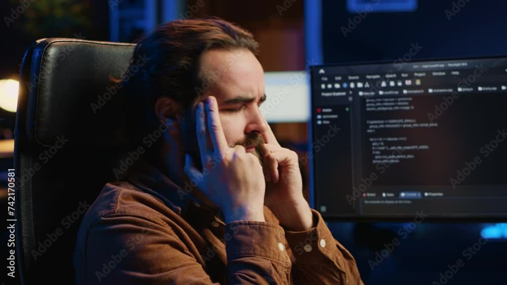 Poster annoyed software technician rubbing temples in frustration after failing to remove bugs appearing wh