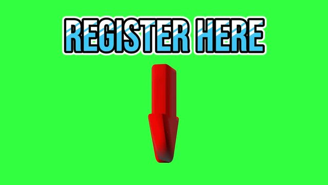 3d red arrow animation with text join us register here, it is free isolated on green screen