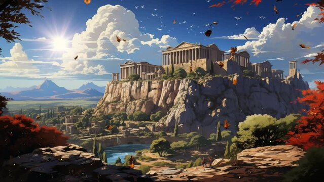 poster ancient ruins flat illustration. seamless looping overlay 4k virtual video animation background 