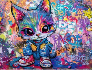 pop art of Displaying rebellious graffiti punkish of kawaii cat