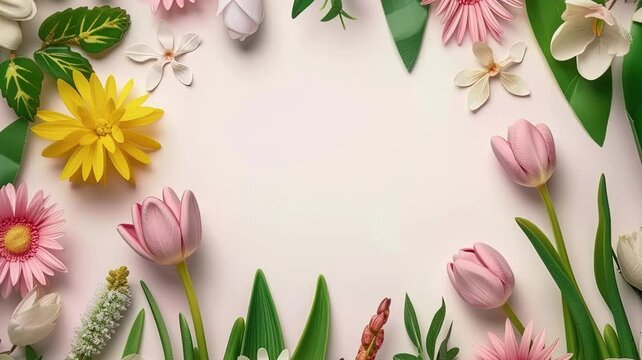 Happy spring season. Plain background with colorful spring flowers frame