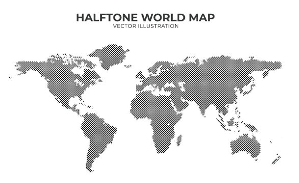 Halftone world map background. Vector illustration.