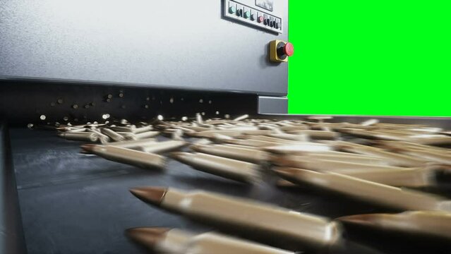 Bullet production, factory. Production line. War concept. 4k green screen isolate