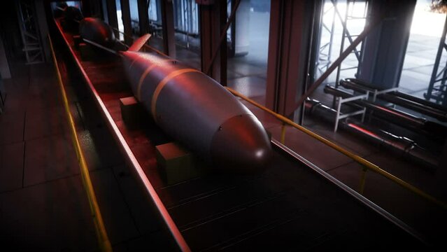 Atomic, nuclear bomb factory, production line. War concept, realistic 4k animation.