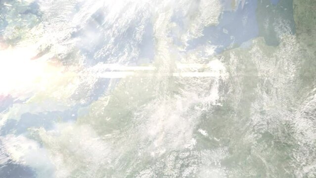 Earth zoom in from space and focus on Lemgo, Germany. 3D Animation. Satellite view. Background for travel intro. Images from NASA
