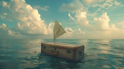 Retro suitcase with a small sail floating in the ocean.
