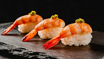 Sushi, prawn or shrimp sushi. close up shot of shrimp sushi with sauce, japanese sushi, copy space