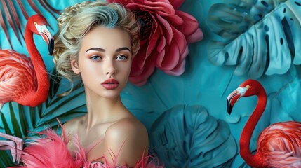 A blonde girl with bright makeup and pink flamingos on a background of blue tropical leaves.