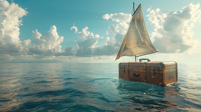 Retro suitcase with a sail in the open sea.