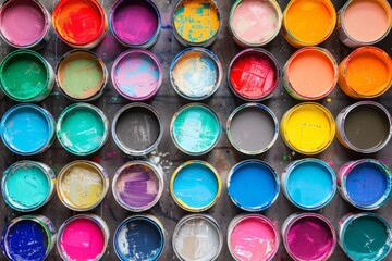 colorful array of paint cans - top view