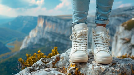 Sneakers standing on a cliff edge, overlooking a breathtaking mountain view. Emphasize the travel...