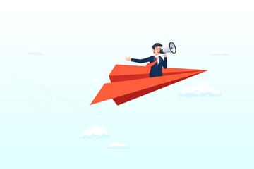 Businessman on origami airplane shouting or announce message on megaphone, communication, announcement or marketing message, loud speaker promotion notice or communicate important information (Vector)