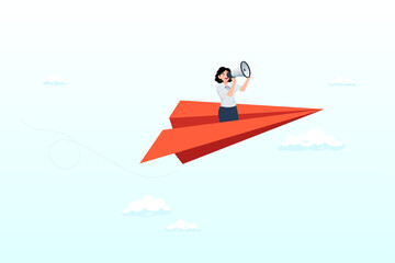 Businesswoman on origami airplane shouting or announce message on megaphone, communication, announcement or marketing message, loud speaker promotion notice, communicate important information (Vector)