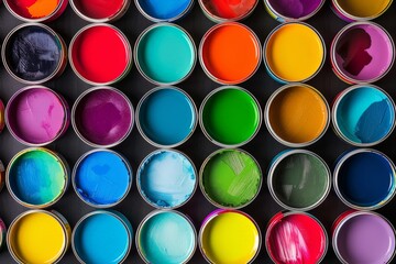 colorful array of paint cans - top view