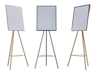 Wooden Easels with Mockup Empty Blank Canvases Isolated. Artwork blank poster mockups. Wooden board with paper white canvas. 3D rendering