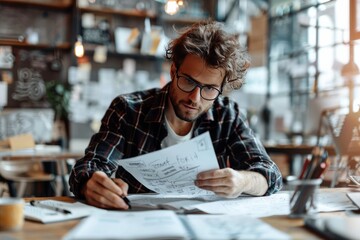 Startup founder drafting a business plan on a notepad, surrounded by inspirational quotes and sketches, capturing the entrepreneurial spirit and creativity in paperwork, Generative AI