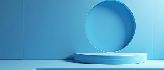 Round Object on Table. Podium for Produkt presentation. Background for product mockup. Minimal abstract blue background.	