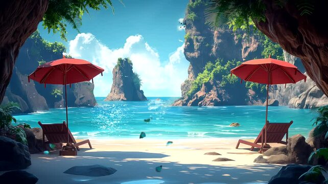 Sunbed in the beach with umbrellas. Seamless looping time-lapse 4k video animation background